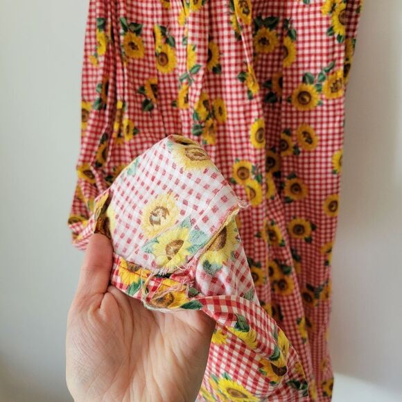 Handsewn Red Gingham Sunflower Midi Dress Pleated Scoop Neck M - Picture 5 of 8
